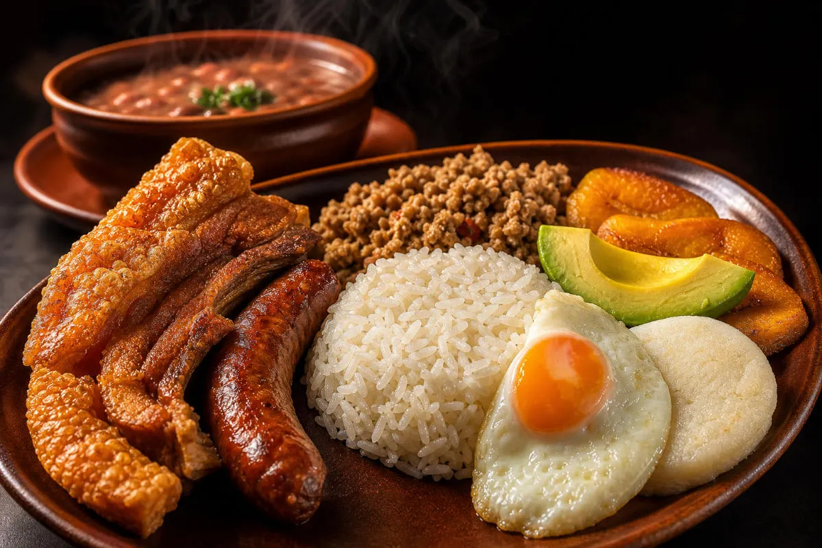 Bandeja paisa de El Toro: chicharrón, arroz, huevo frito, aguacate y frijoles